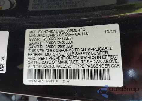 2021 Honda Accord Sport 2.0T z USA, uszkodzony, nr VIN 1HGCV2F36MA032626